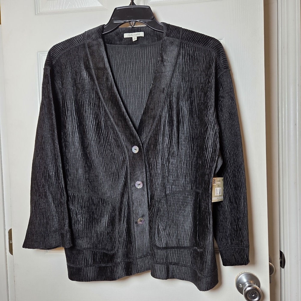 John Mark sz 1X blk velour ribbed v-neck cardigan top NWT casual basic chic